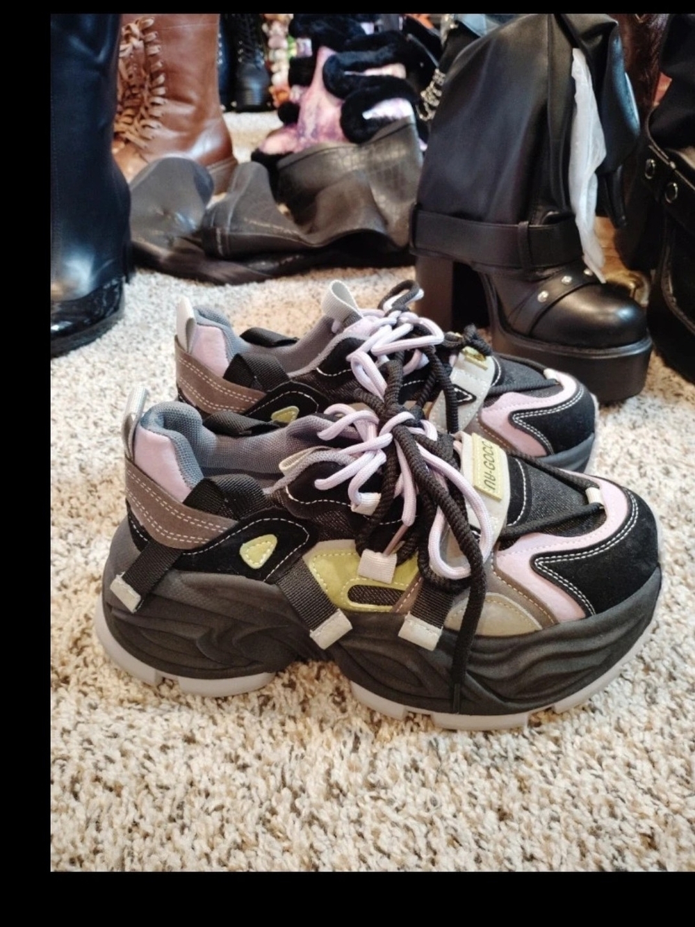 Platform Lace-Up Sneakers in Black, Pink & Gray
